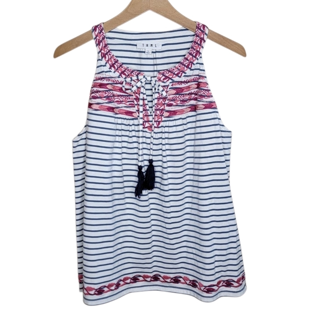 THML Blue & White Striped Tank Top with Red Pink Embroidery Size Large